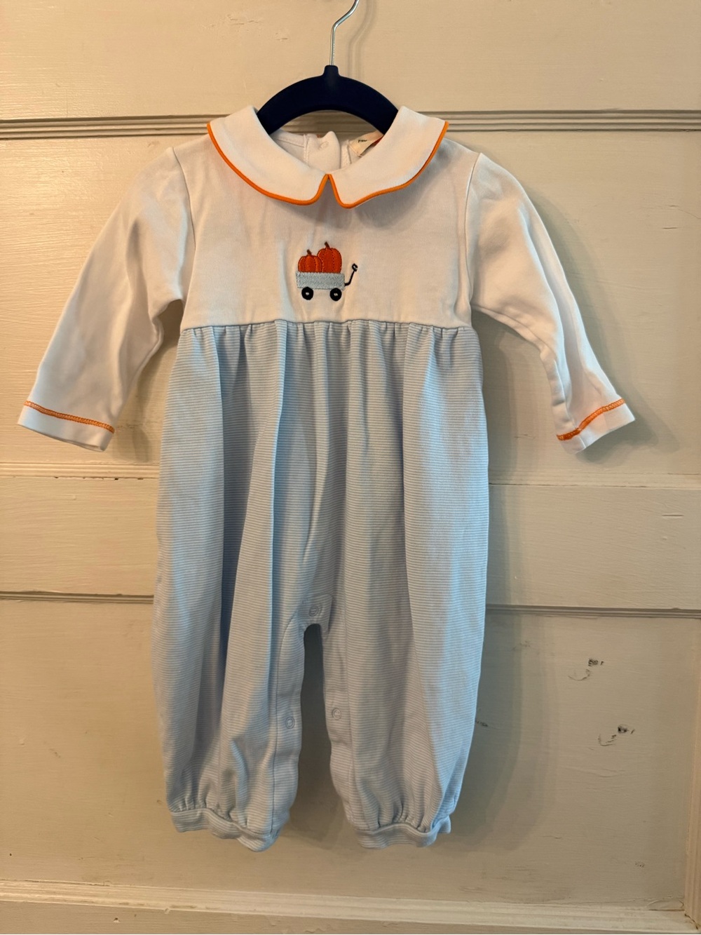 Baby One-Piece Romper in White and Light Blue with Pumpkin Wagon Motif